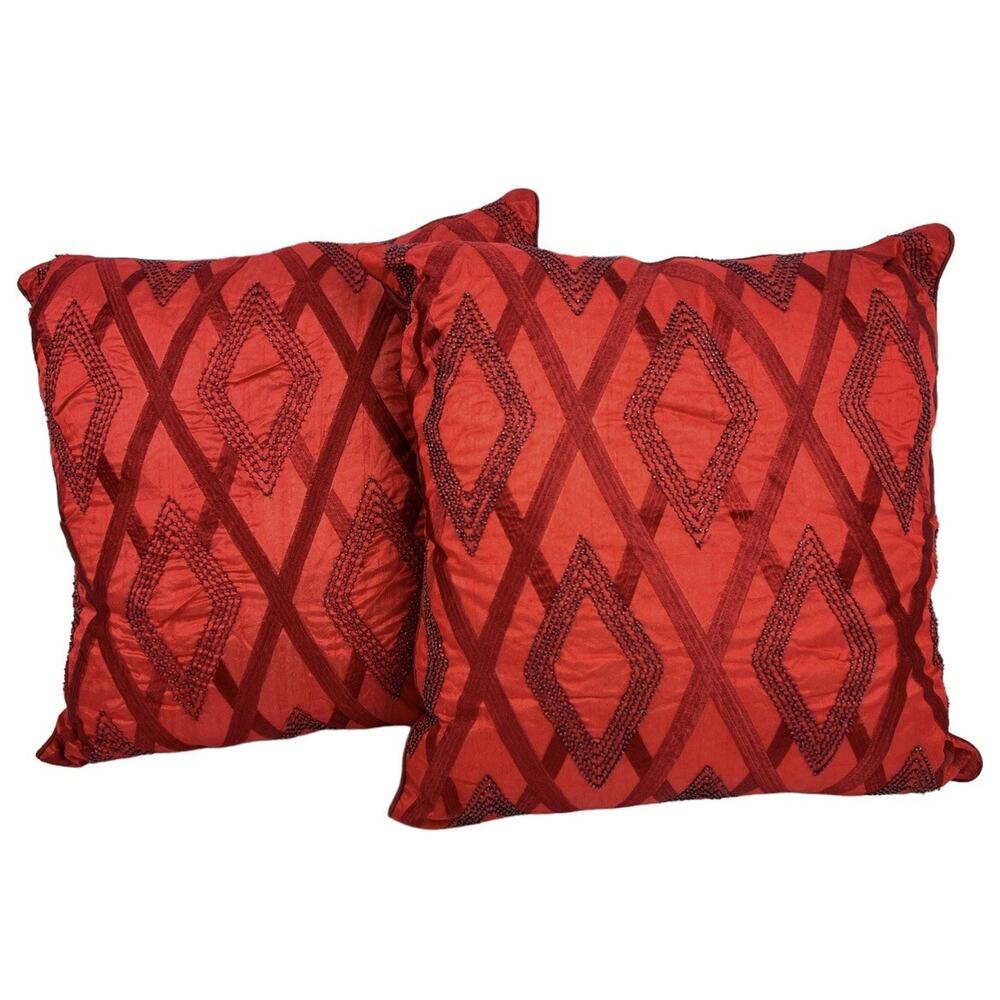 2 Red Throw Pillows Square Hand Beaded Design 18 X 18 by Duralee Suburban Home